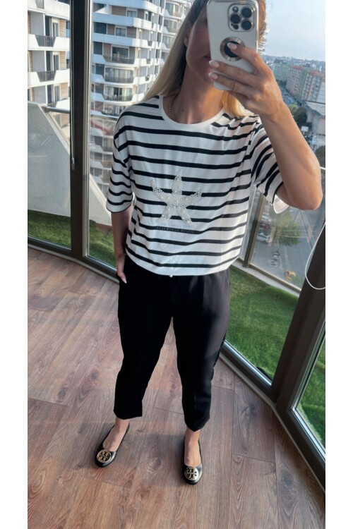 Çizgili Deniz Yıldızı Baskılı Tişört