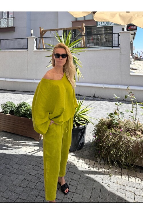 SF086 DÜŞÜK OMUZ BLUZ PANTOLON TAKIM