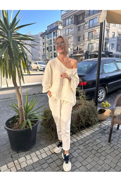 SF086 DÜŞÜK OMUZ BLUZ PANTOLON TAKIM