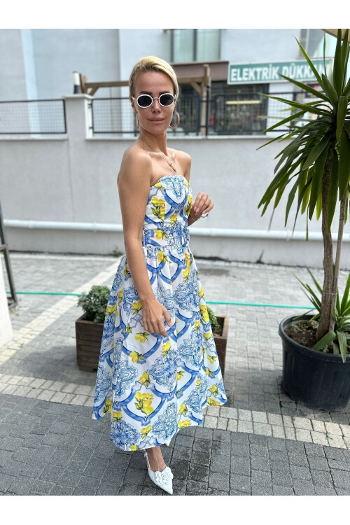 SF094 KUŞAKLI DESENLİ KISA ELBİSE