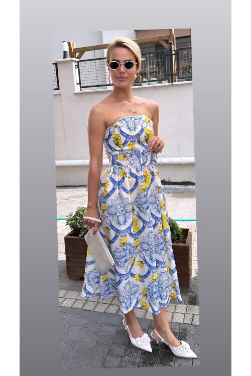 SF094 KUŞAKLI DESENLİ KISA ELBİSE