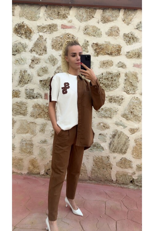 SF178 KAHVE SERİTLİ TİŞÖRT